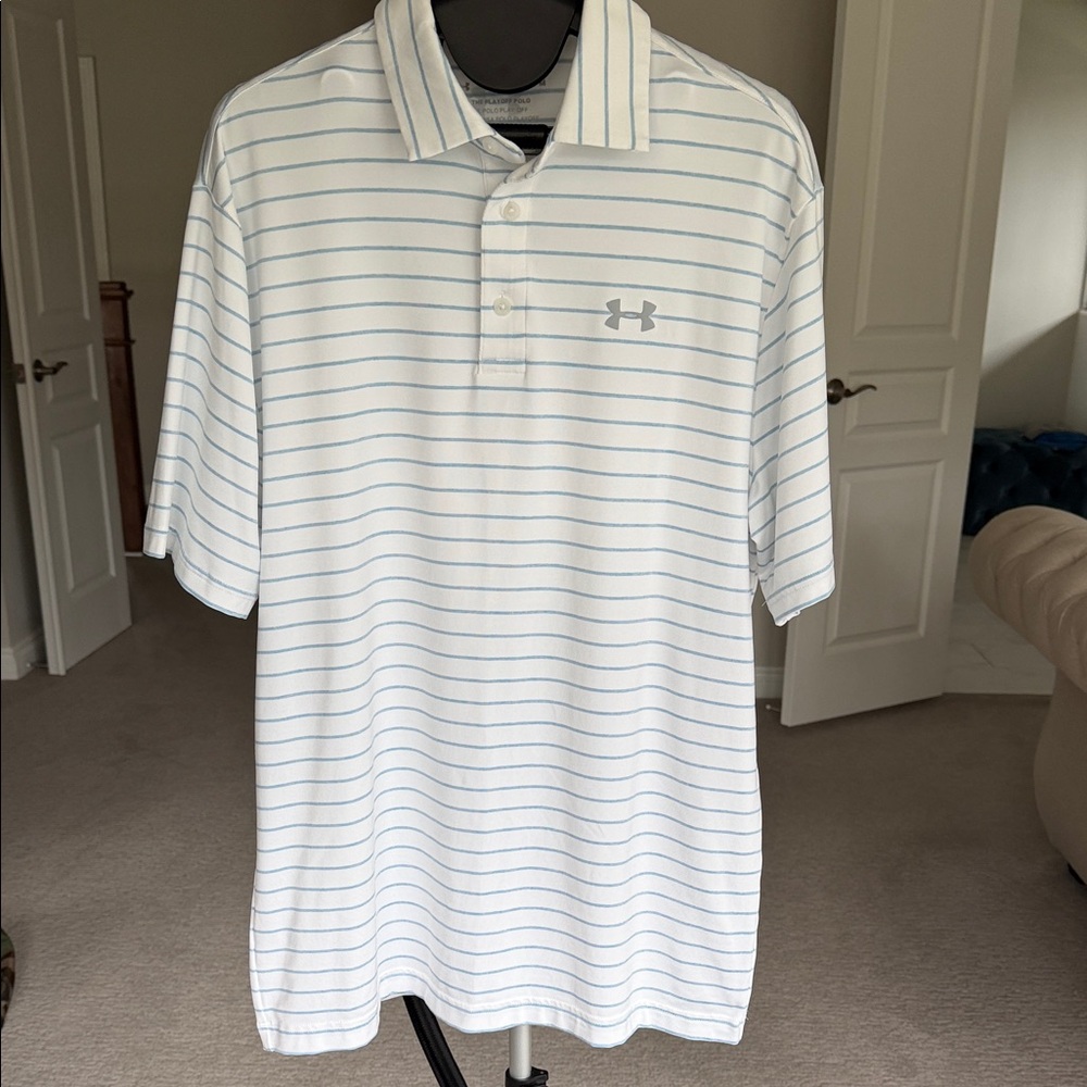 Under Armour White Polo with Light Blue Stripe Accents